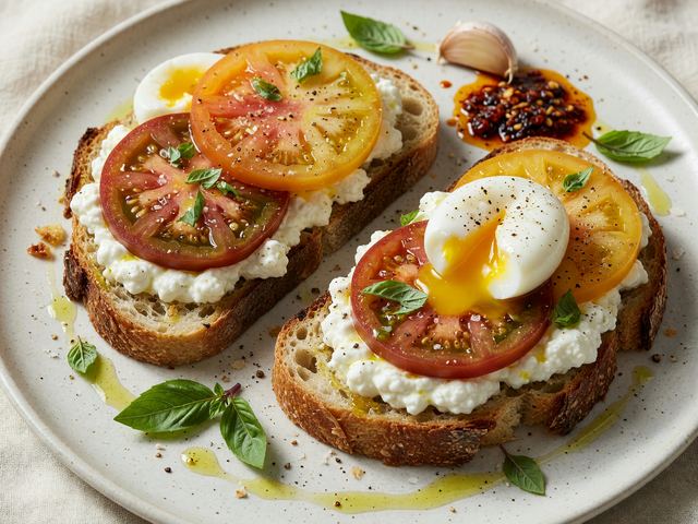 Whipped Cottage Cheese Heirloom Tomato Toasts with Soft Eggs