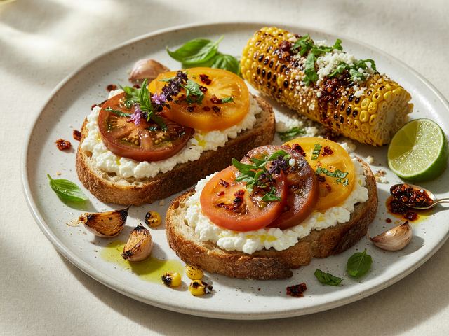 Whipped Cottage Cheese Heirloom Tomato Toasts with Charred Elote Corn