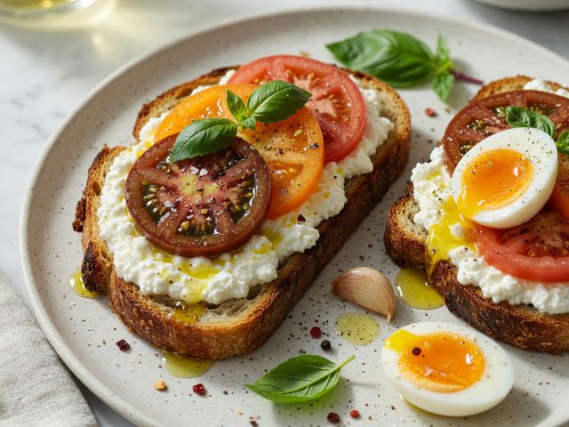 Whipped Cottage Cheese Heirloom Tomato Toasts with Jammy Eggs