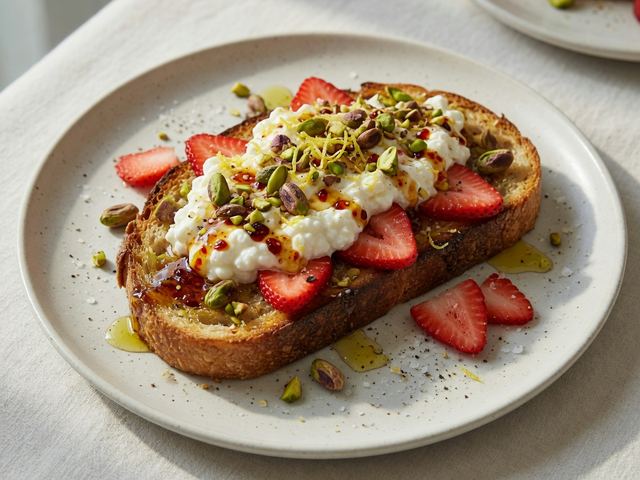 Whipped Cottage Cheese Toast with Hot Honey & Pistachios