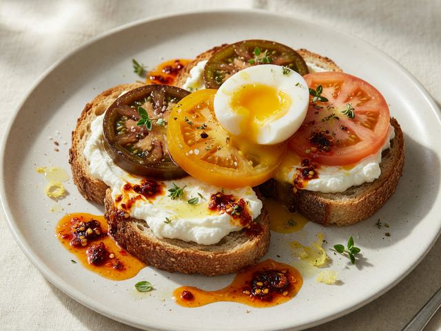 Whipped Feta Toast with Heirloom Tomatoes, Soft Eggs & Chili Oil