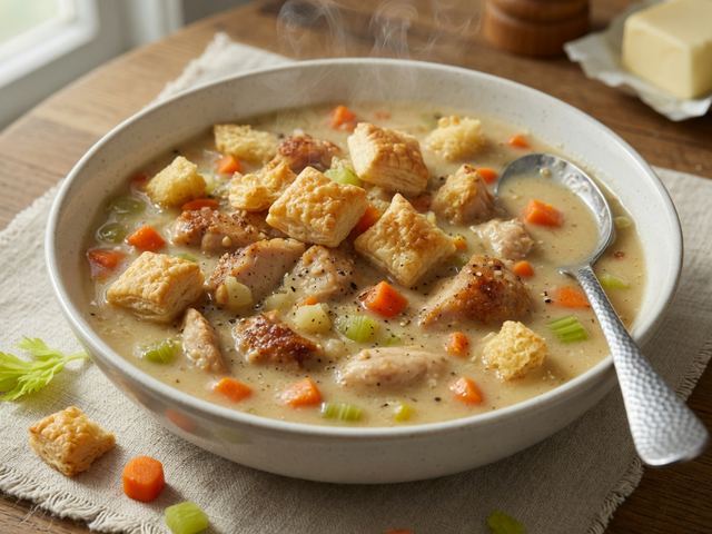 cozy chicken pot pie soup with puff pastry croutons