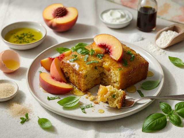 Basil-Peach Olive Oil Cake with Honey Glaze