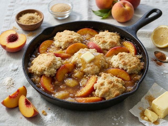 Brown-Butter Peach Drop-Biscuit Skillet Cobbler
