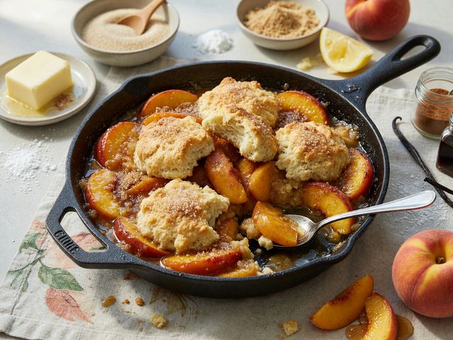 Brown-Butter Peach Skillet Cobbler with Drop Biscuits