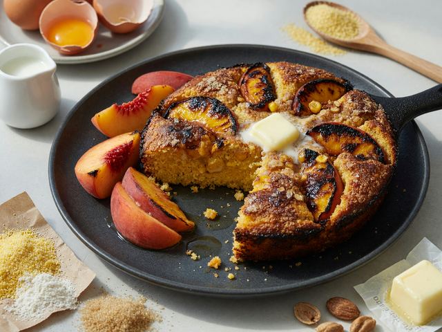 Charred Peach Cornmeal Skillet Cake