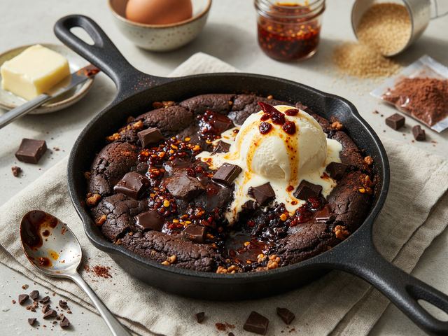 Chili-Crisp Dark Chocolate Skillet Cookie Sundae