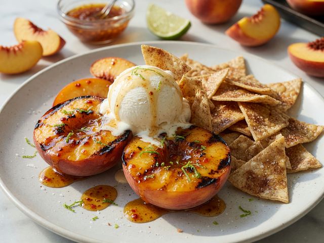Chili-Honey Grilled Peach Sundaes with Cinnamon Chips