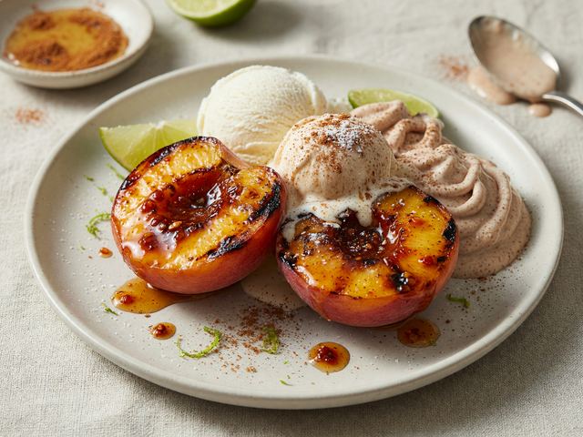 Chili-Honey Grilled Peach Sundaes with Cinnamon Crema