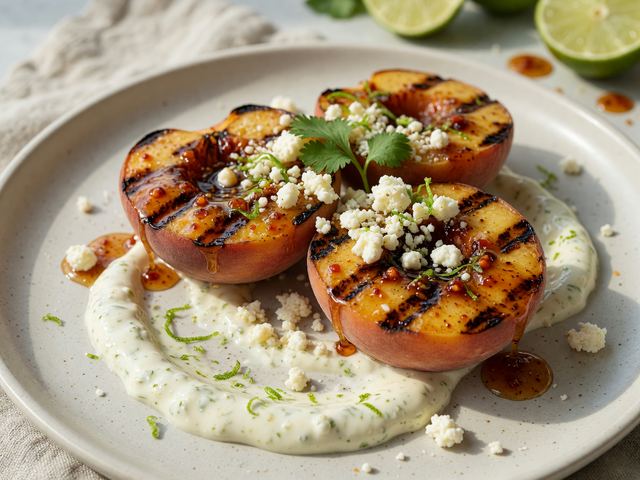 Chili-Honey Grilled Peaches with Lime Crema & Cotija