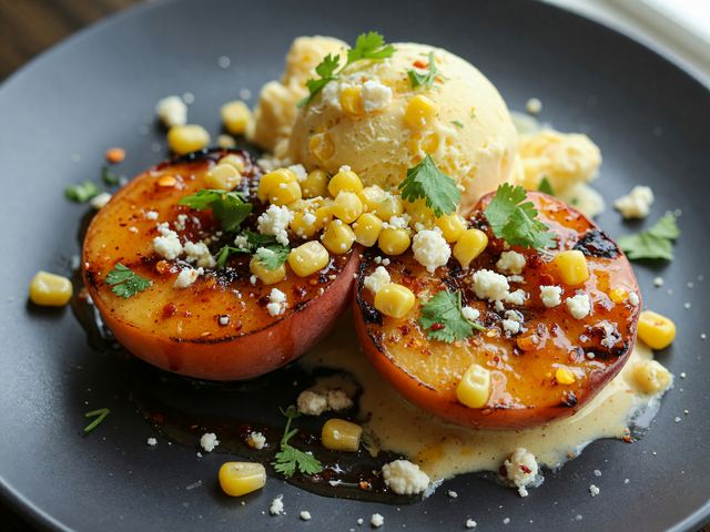 Chili-Honey Grilled Peaches with Sweet Corn Ice Cream