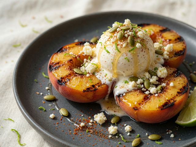 Chili-Lime Grilled Peach Sundaes with Honey-Cotija Crunch