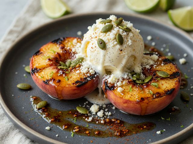 Elote-Spiced Grilled Peach Sundaes with Chili-Honey