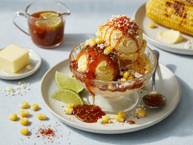 Elote-Style Sweet Corn Ice Cream Sundaes with Chili-Lime Caramel