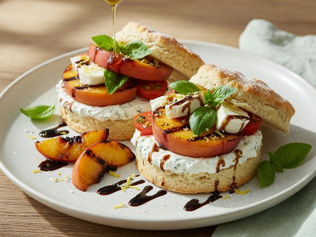 Grilled Peach Caprese Shortcakes with Basil Whipped Cream
