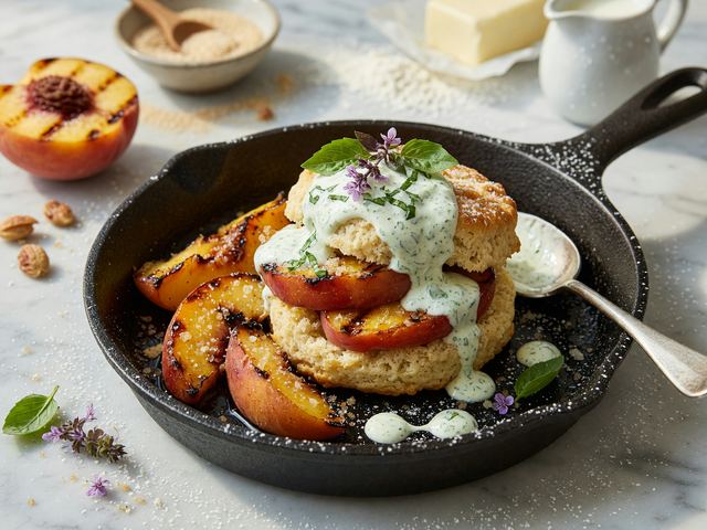 Grilled Peach Shortcake Skillets with Basil Cream