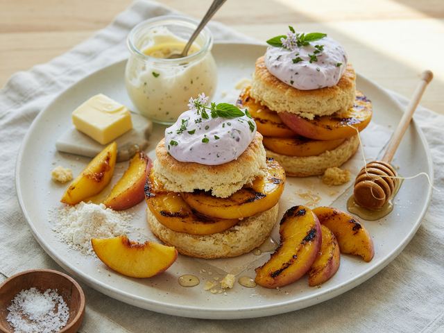 Grilled Peach Shortcake Stacks with Basil Whipped Cream