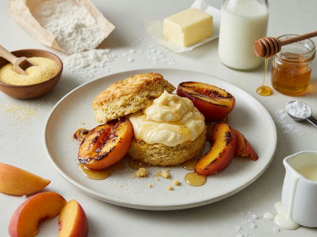 Grilled Peach Shortcakes with Cornmeal Biscuits & Whipped Honey Cream
