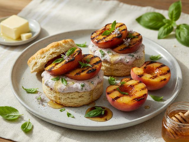 Grilled Peach Shortcakes with Honey-Basil Cream
