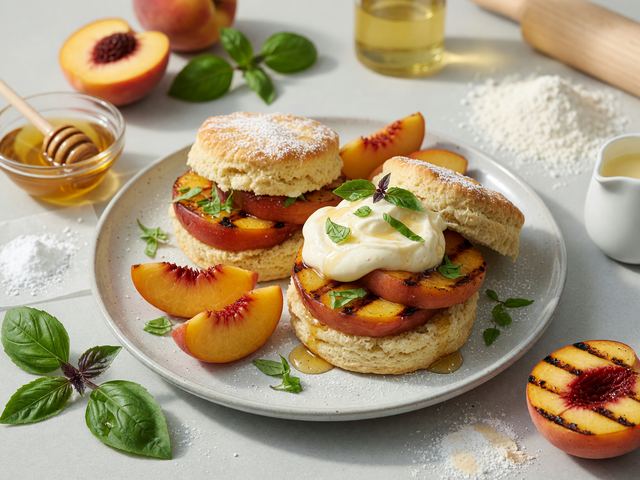 Grilled Peach Shortcakes with Honey-Basil Cream