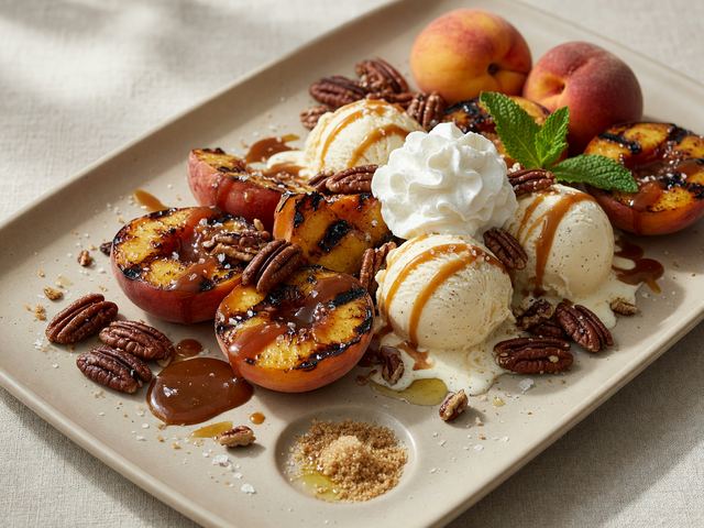 Grilled Peach Sundae Board with Salted Caramel and Toasted Pecans
