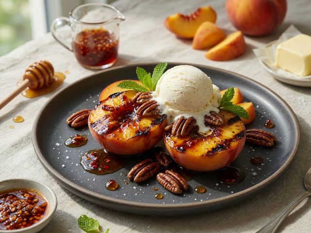Grilled Peach Sundaes with Chili-Honey Caramel