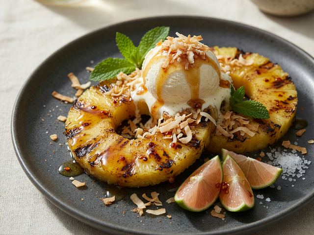 Grilled Pineapple Sundaes with Hot Honey and Toasted Coconut
