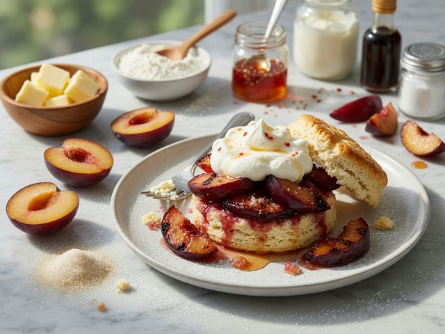 Grilled Plum Shortcakes with Hot Honey Whipped Cream