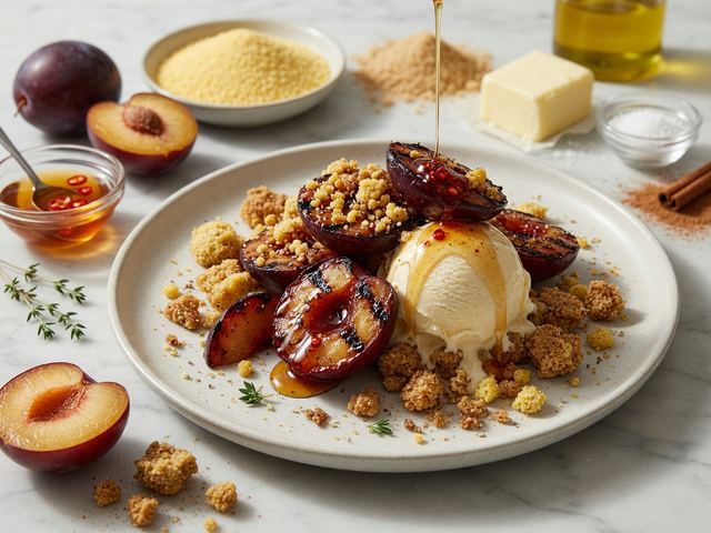 Hot Honey Grilled Plum Sundaes with Cornmeal Crumble