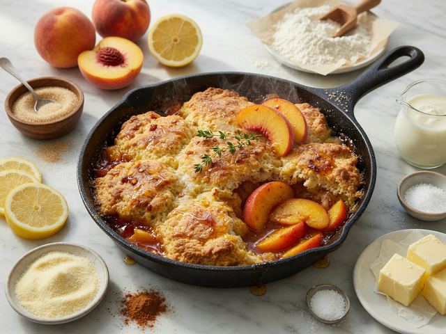 Hot Honey Peach Skillet Cobbler