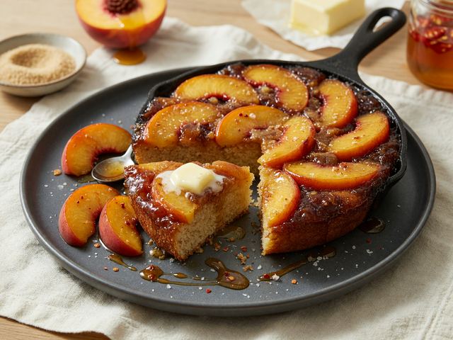 Hot Honey Peach Upside-Down Skillet Cake