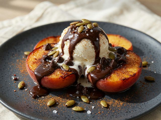 Mexican Chili-Chocolate Roasted Peach Sundaes