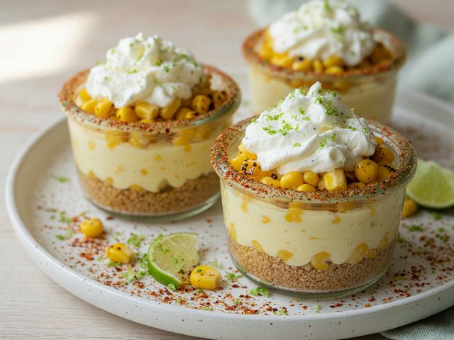 No-Bake Elote Cheesecake Cups with Tajín Lime Dust