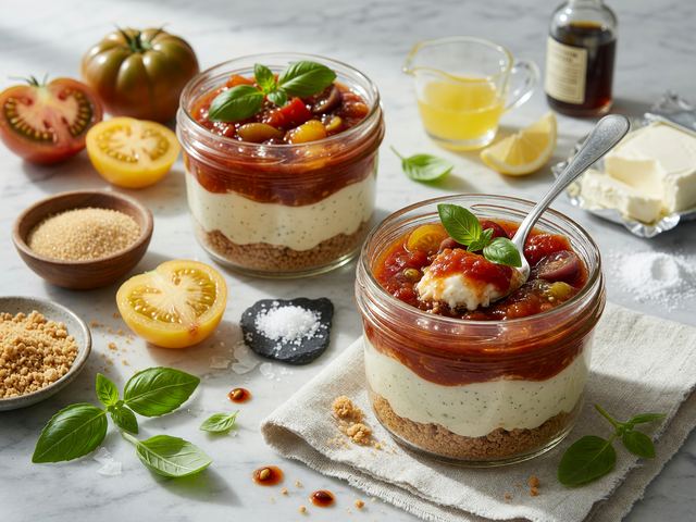 No-Bake Heirloom Tomato Jam & Basil Cheesecake Jars