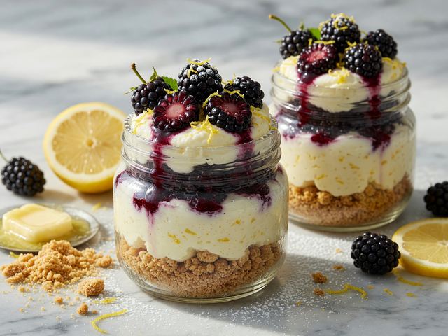 No-Bake Late-Summer Blackberry Lemon Cheesecake Jars