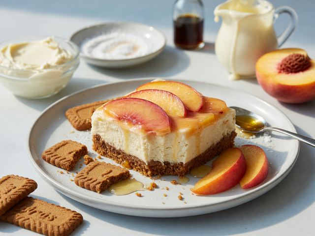 No-Bake Peach Cheesecake Bars with Speculoos Crust