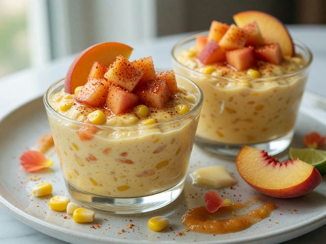 No-Bake Sweet Corn Pudding Cups with Tajín Peach Topping