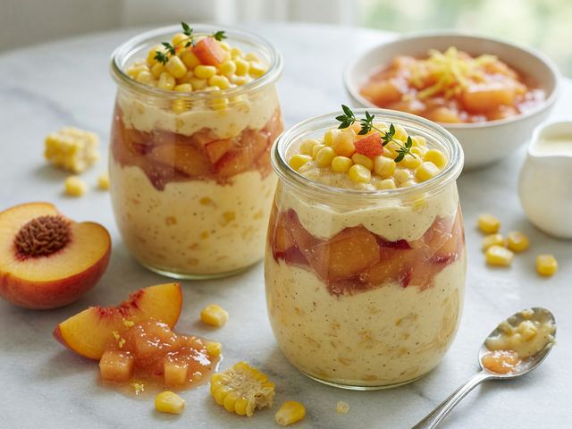 No-Bake Sweet Corn Pudding Parfaits with Fresh Peach Compote