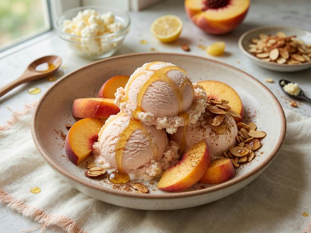 No-Churn Peach Cottage Cheese Ice Cream with Honey Almond Crunch