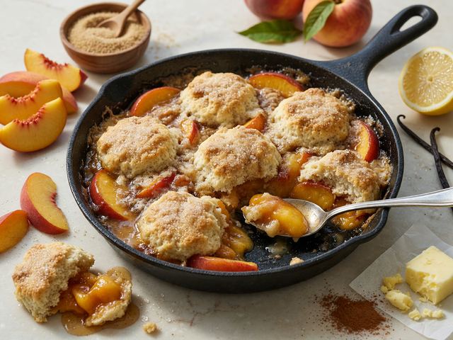 Skillet Brown-Butter Peach Cobbler with Drop Biscuits