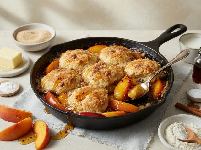 Skillet Brown-Butter Peach Cobbler with Hot Honey
