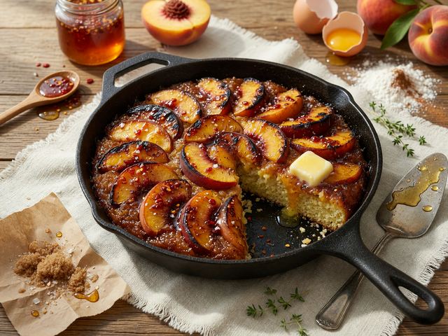 Skillet Charred Peach Upside-Down Cake with Hot Honey