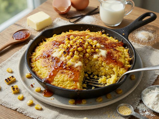 Skillet Elote Sweet Corn Cake with Hot Honey