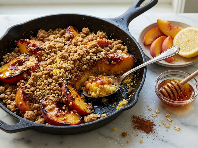 Skillet Hot-Honey Charred Peach Crisp with Cornmeal Streusel