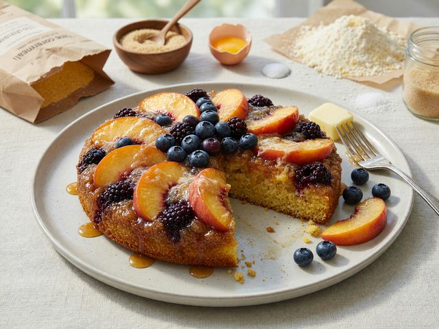 Skillet Peach-Berry Upside-Down Cake with Cornmeal