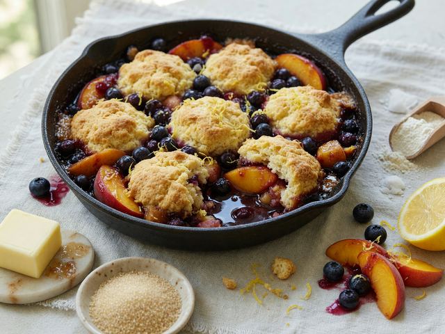 Skillet Peach-Blueberry Brown-Butter Cobbler with Drop Biscuits