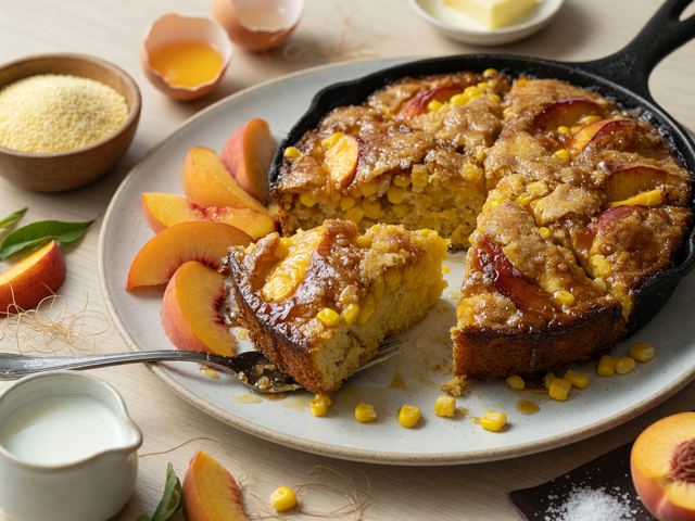 Sweet Corn & Peach Skillet Cake with Brown-Sugar Glaze