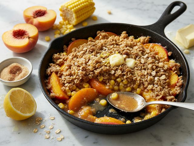 Sweet Corn Peach Skillet Crisp