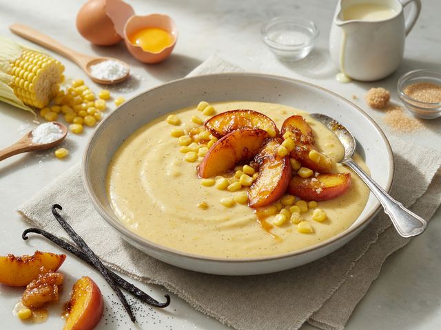 Sweet Corn Vanilla Bean Pudding with Caramelized Peaches