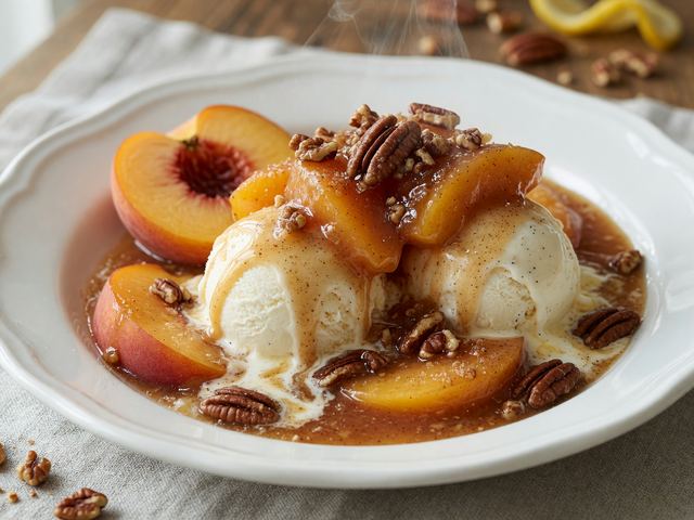 Warm Peach Compote Sundae Sauce with Toasted Pecans